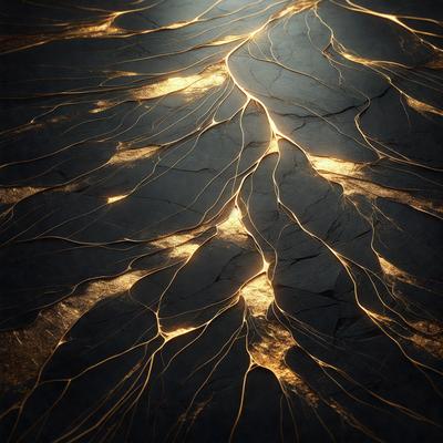 The primary subject of the image is a black and gold painting of a river. The setting is a dark background, and the visual style appears to be a digital art or illustration. The dominant colors in the painting are black, gold, and orange, creating a dramatic and moody atmosphere.